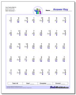 Fact Family Worksheet Math Q 8+5=13, 9+7=16