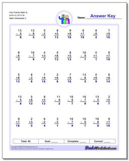 Fact Family Math Q 8+5=13, 9+7=16 Worksheet