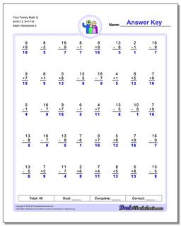 Fact Family Math Q 8+5=13, 9+7=16 Worksheet