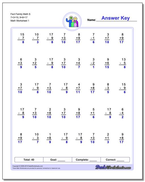 fact family worksheets one minute additionsubtraction