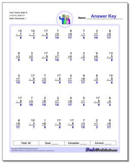 Fact Family Worksheet Math S 7+3=10, 9+8=17