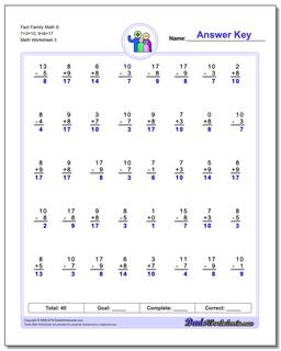 Fact Family Math S 7+3=10, 9+8=17 Worksheet