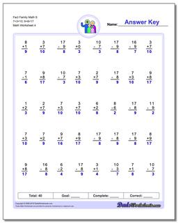 Fact Family Math S 7+3=10, 9+8=17 Worksheet