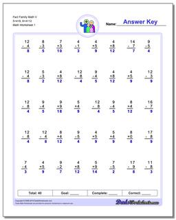 Fact Family Worksheet Math V 5+4=9, 8+4=12