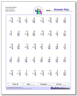 Fact Family Worksheet Math W 6+4=10, 6+5=11