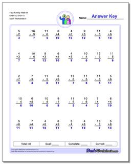 Fact Family Math W 6+4=10, 6+5=11 Worksheet