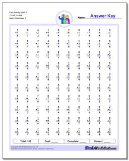 Fact Family Worksheet Math E 7+1=8, 4+4=8