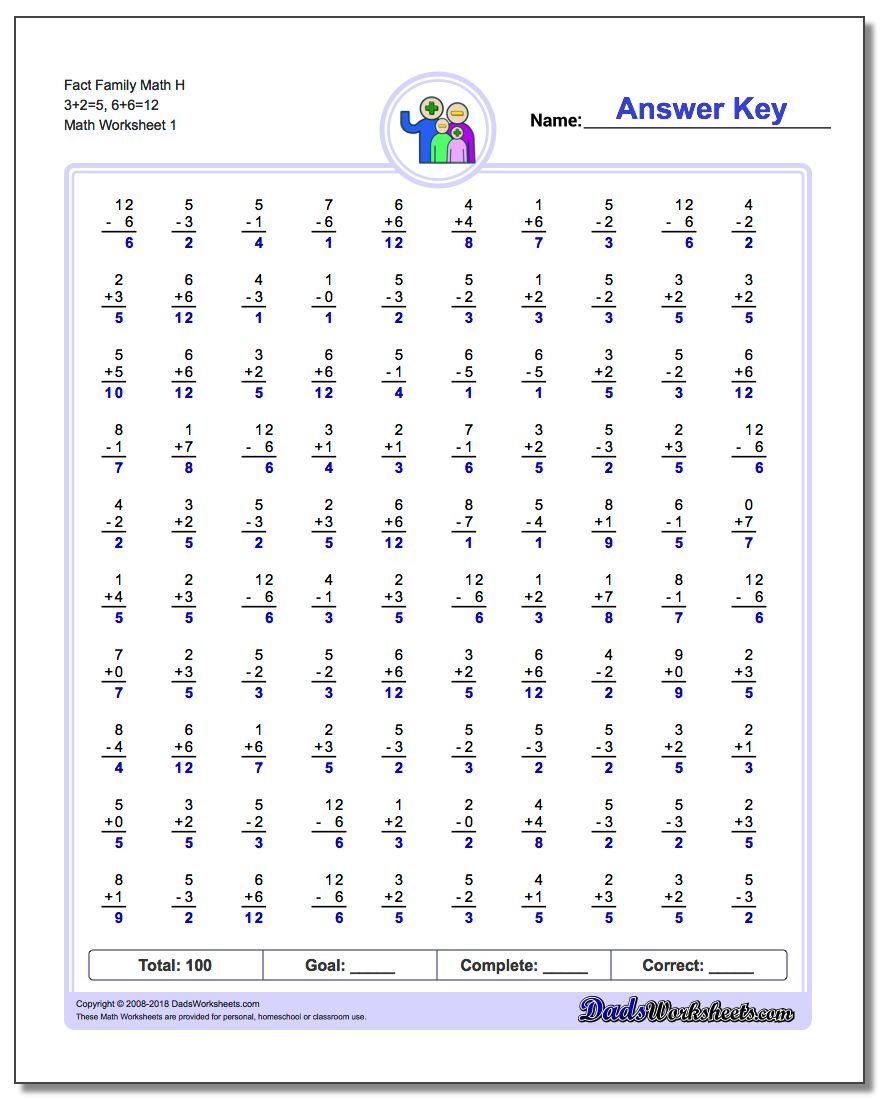 Fact Family Worksheet Math H 3+2=5, 6+6=12