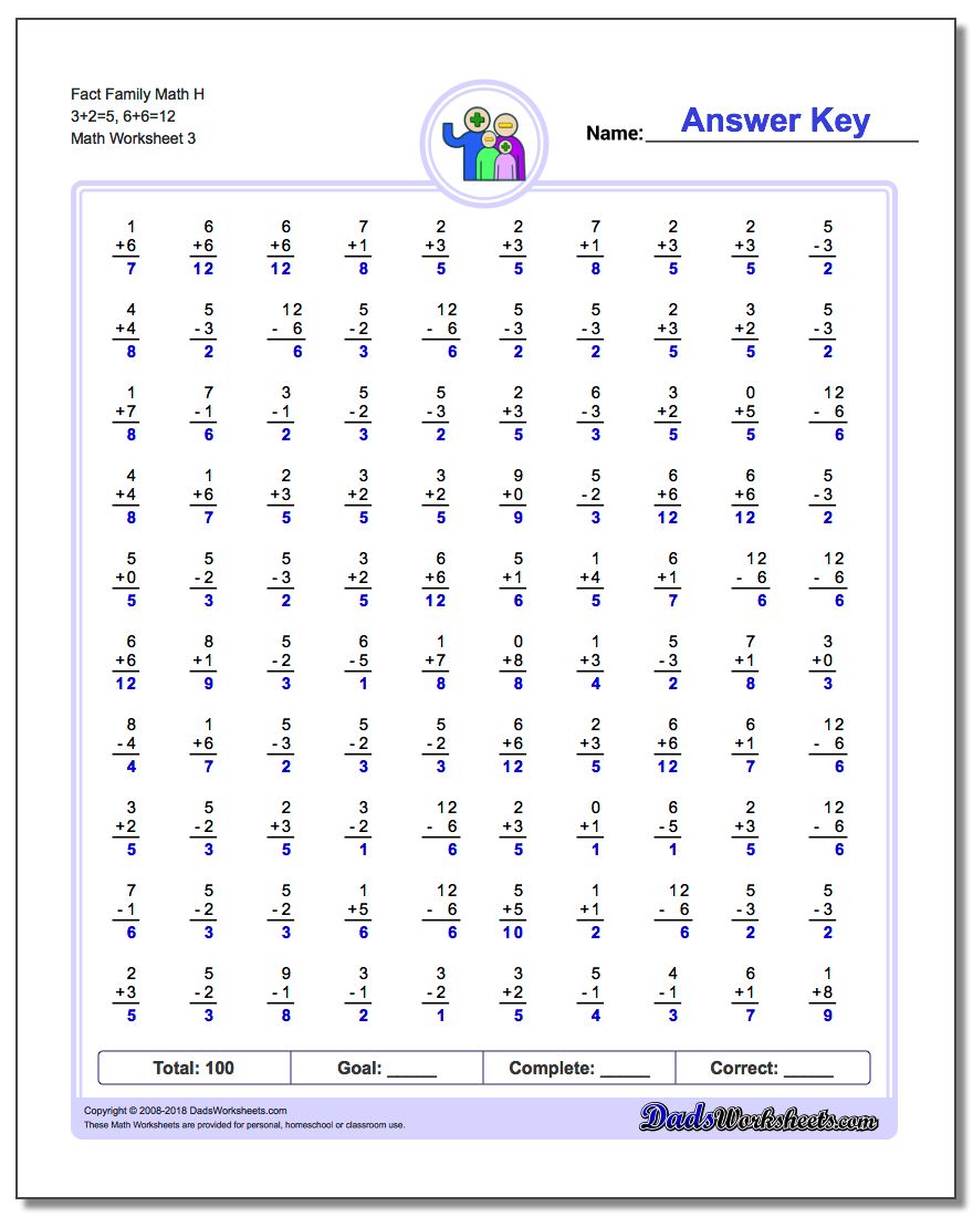 Fact Family Math H 3+2=5, 6+6=12 Worksheet