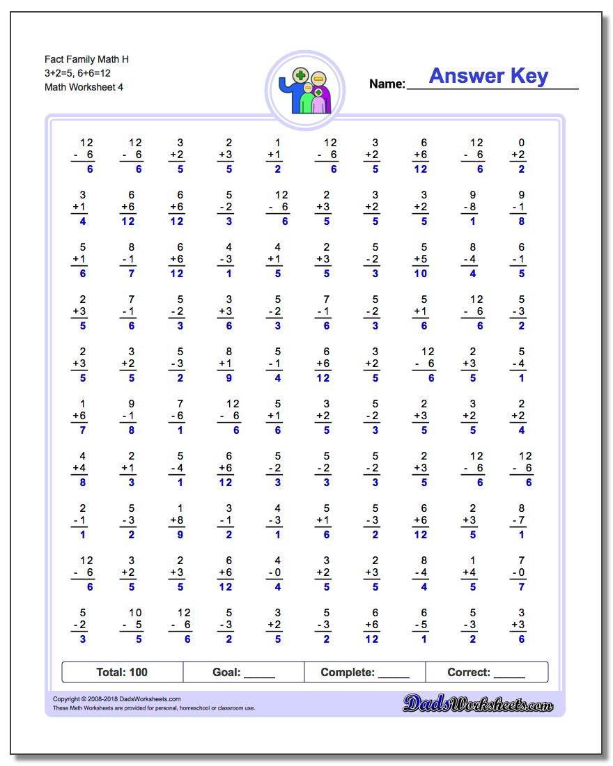 Fact Family Math H 3+2=5, 6+6=12 Worksheet