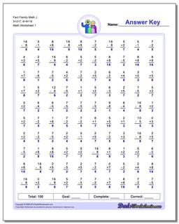 Fact Family Worksheet Math J 5+2=7, 8+8=16