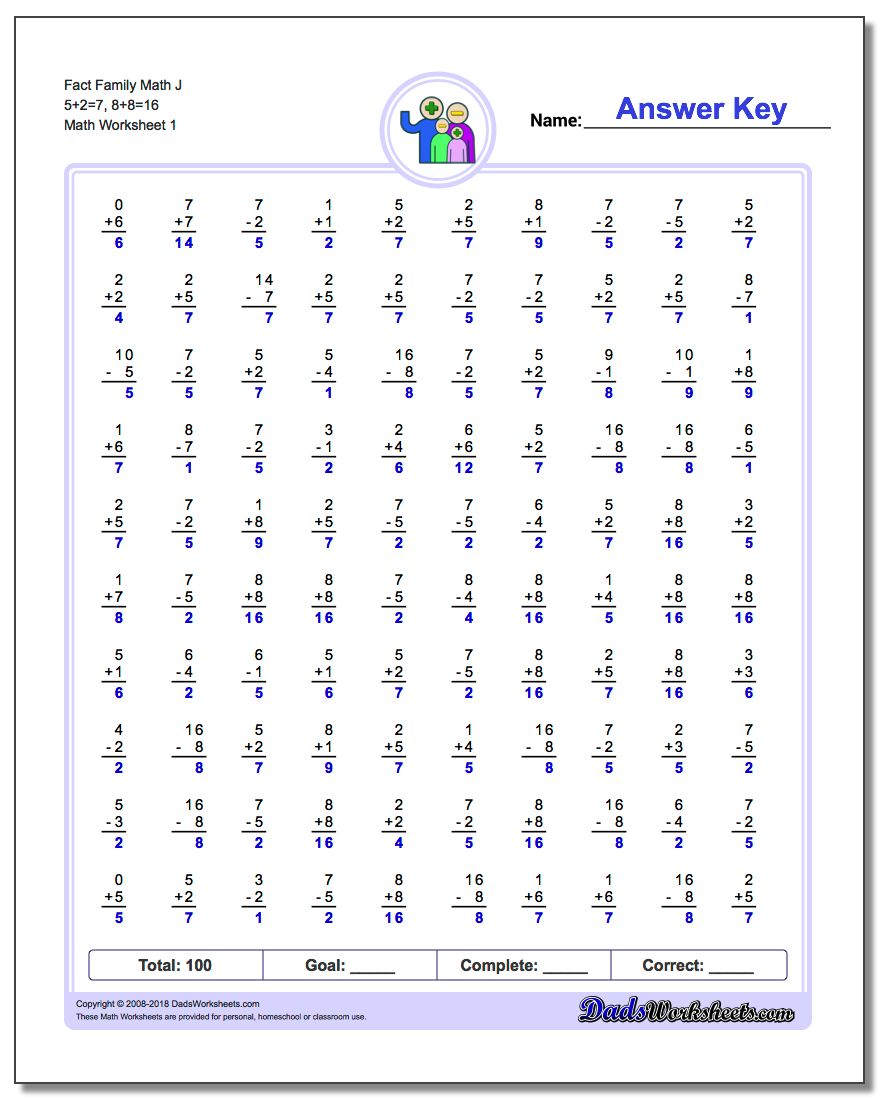 Fact Family Worksheet Math J 5+2=7, 8+8=16