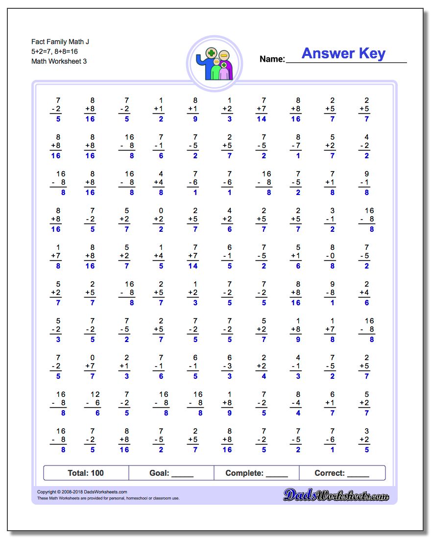 Fact Family Math J 5+2=7, 8+8=16 Worksheet