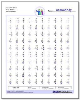 Fact Family Math J 5+2=7, 8+8=16 Worksheet