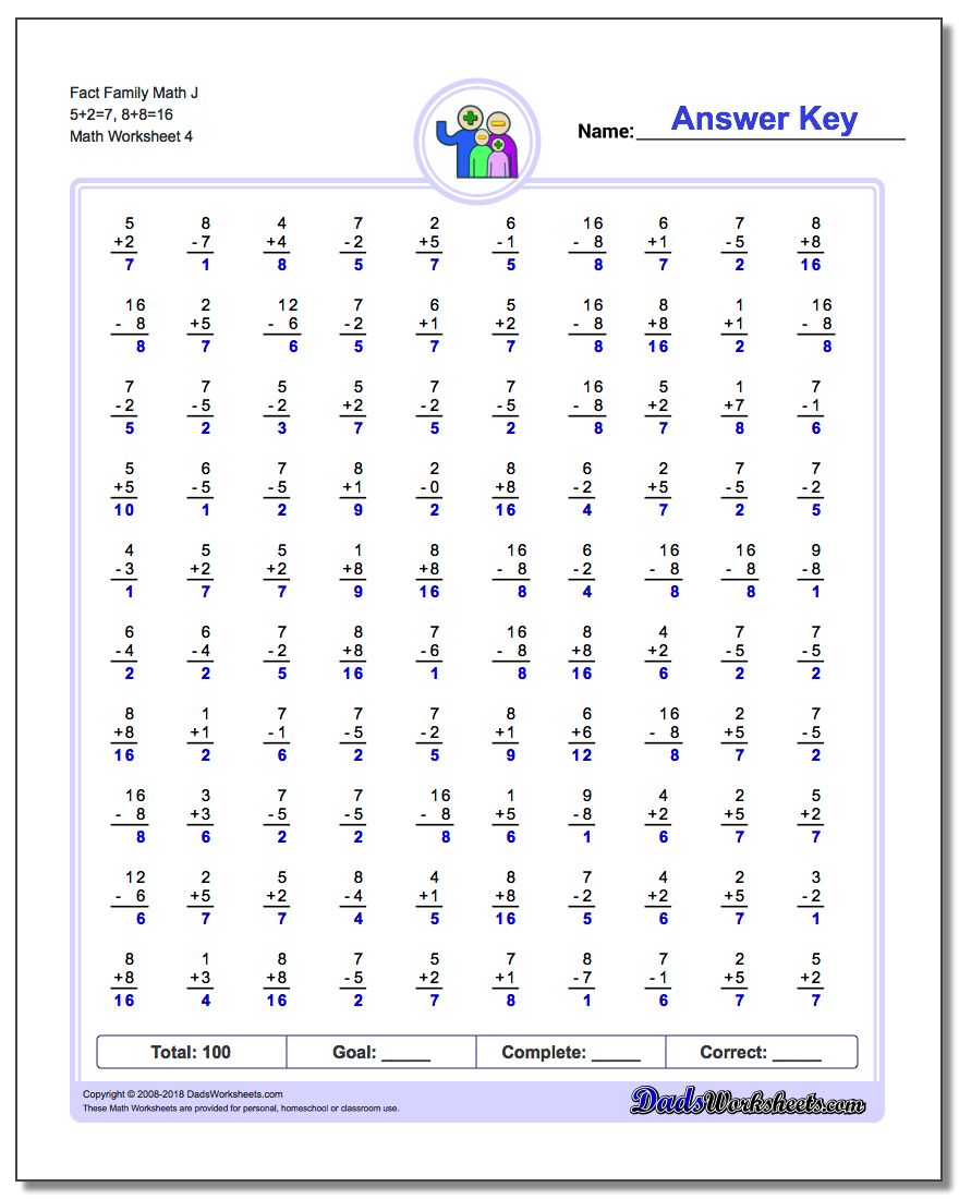 Fact Family Math J 5+2=7, 8+8=16 Worksheet