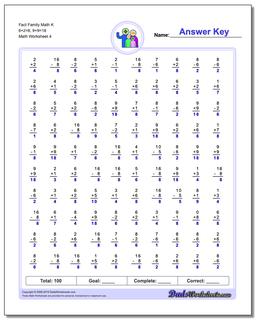 Fact Family Math K 6+2=8, 9+9=18 Worksheet