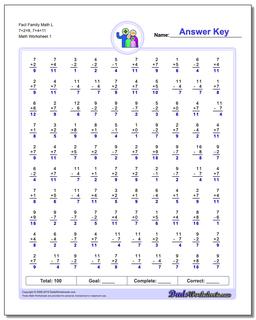 Fact Family Worksheet Math L 7+2=9, 7+4=11