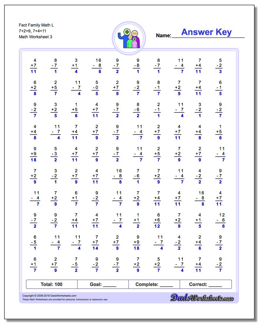 Fact Family Math L 7+2=9, 7+4=11 Worksheet