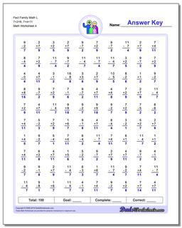 Fact Family Math L 7+2=9, 7+4=11 Worksheet