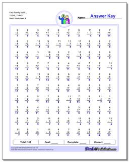 Fact Family Math L 7+2=9, 7+4=11 Worksheet