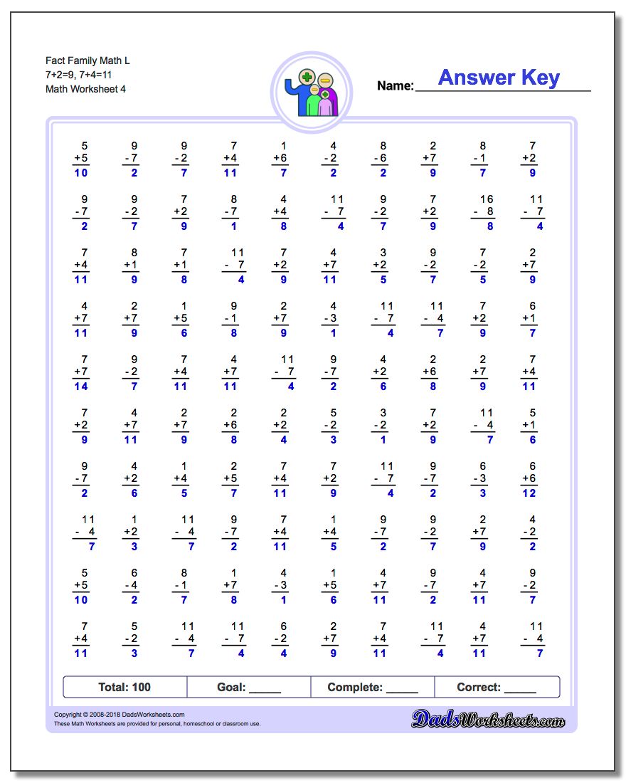 Fact Family Math L 7+2=9, 7+4=11 Worksheet