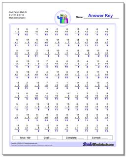 Fact Family Math N 9+2=11, 9+6=15 Worksheet