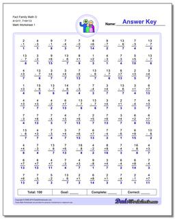 Fact Family Worksheet Math O 4+3=7, 7+6=13