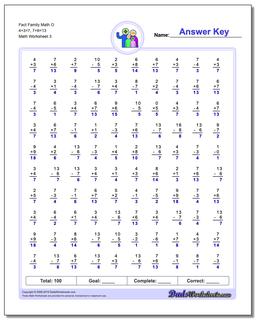 Fact Family Math O 4+3=7, 7+6=13 Worksheet