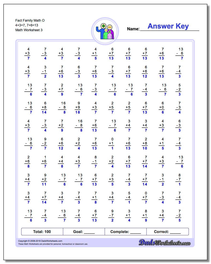 Fact Family Math O 4+3=7, 7+6=13 Worksheet