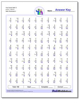 Fact Family Math O 4+3=7, 7+6=13 Worksheet