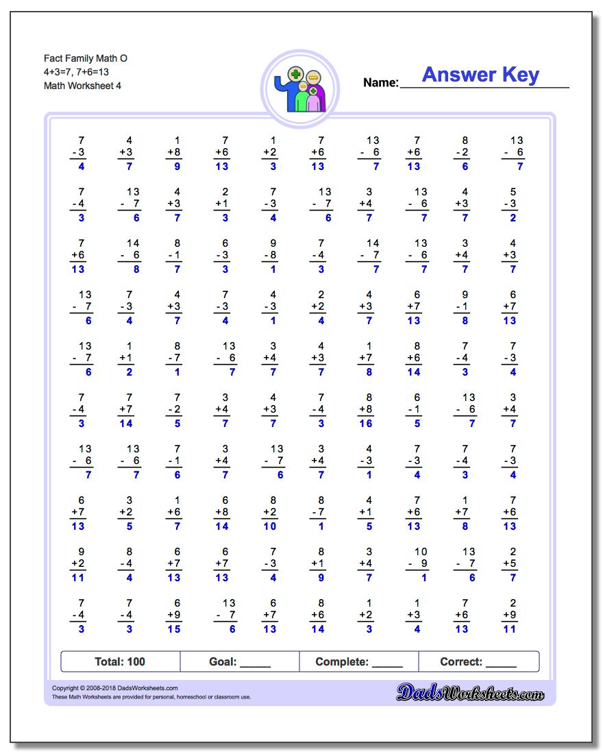 Fact Family Math O 4+3=7, 7+6=13 Worksheet