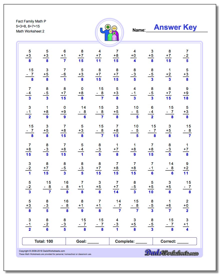 Fact Family Math P 5+3=8, 8+7=15 www.dadsworksheets.com/worksheets/fact-family-math.html Worksheet