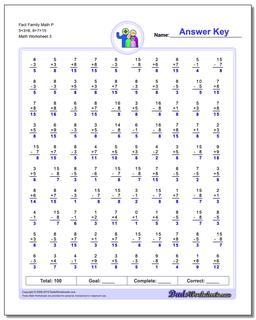 Fact Family Math P 5+3=8, 8+7=15 Worksheet