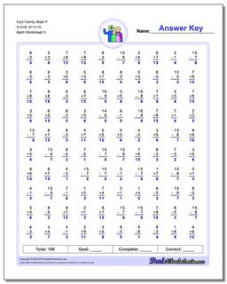 Fact Family Math P 5+3=8, 8+7=15 Worksheet