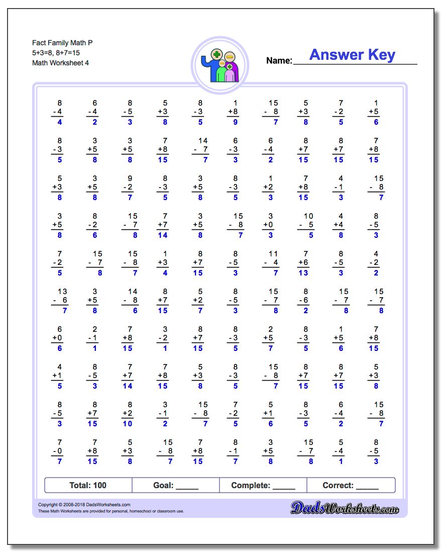 Fact Family Math P 5+3=8, 8+7=15 Worksheet