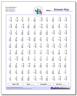 Fact Family Worksheet Math Q 8+5=13, 9+7=16