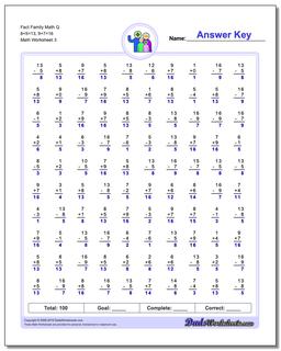 Fact Family Math Q 8+5=13, 9+7=16 Worksheet