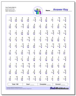 Fact Family Math Q 8+5=13, 9+7=16 Worksheet