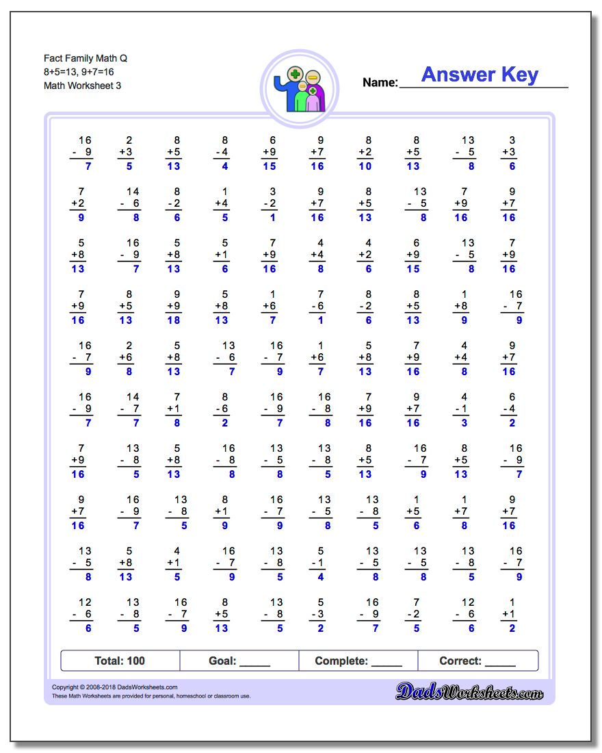 Fact Family Math Q 8+5=13, 9+7=16 Worksheet