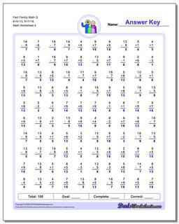 Fact Family Math Q 8+5=13, 9+7=16 Worksheet