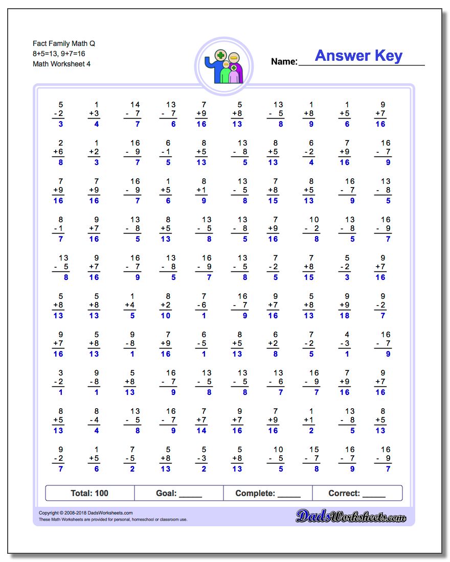 Fact Family Math Q 8+5=13, 9+7=16 Worksheet