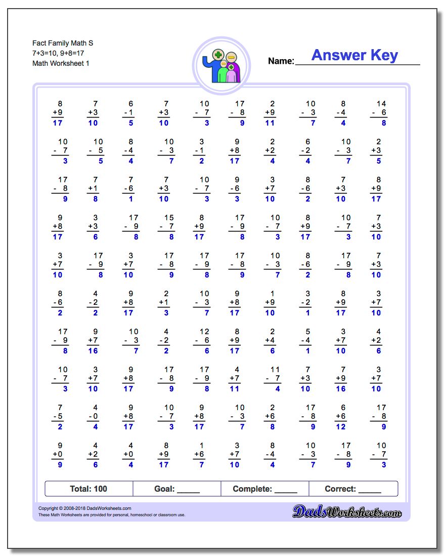 Fact Family Worksheet Math S 7+3=10, 9+8=17
