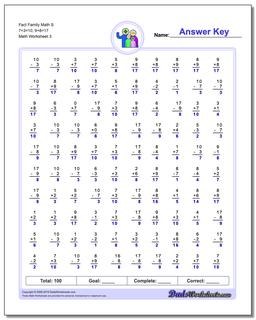 Fact Family Math S 7+3=10, 9+8=17 Worksheet