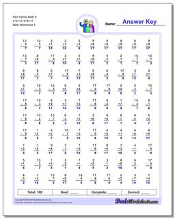 Fact Family Math S 7+3=10, 9+8=17 Worksheet