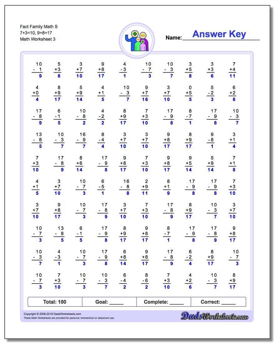 Fact Family Math S 7+3=10, 9+8=17 Worksheet