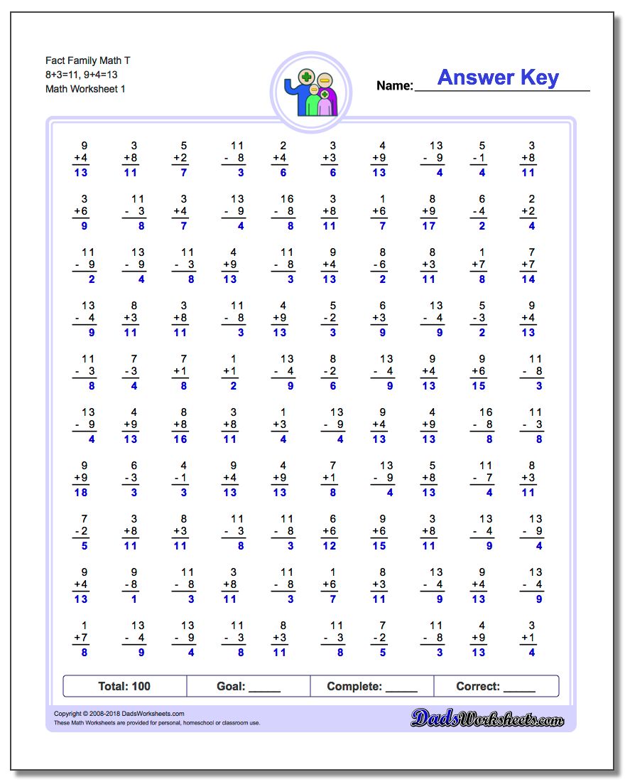 Fact Family Worksheet Math T 8+3=11, 9+4=13