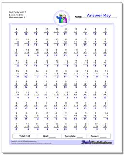 Fact Family Math T 8+3=11, 9+4=13 Worksheet