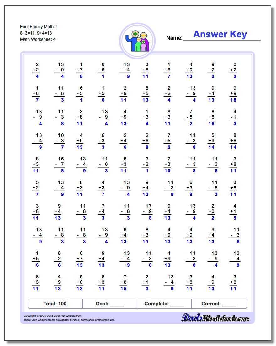 Fact Family Math T 8+3=11, 9+4=13 Worksheet