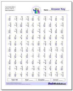 Fact Family Worksheet Math U 9+3=12, 7+5=12