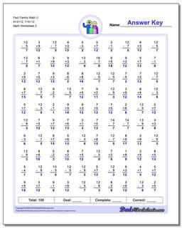 Fact Family Math U 9+3=12, 7+5=12 Worksheet